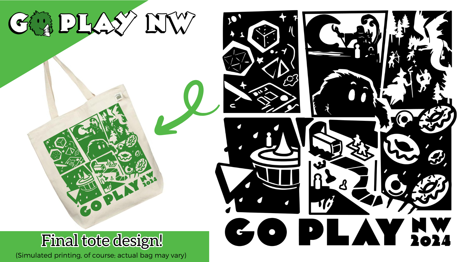 Illustration on a tote featuring a mix of dice, fantasy scene with a wizard fighting a dragon, a Seattle Space Needle-like board game, board game pieces, and a big furry monster trying to grab a swarm of flying donuts.