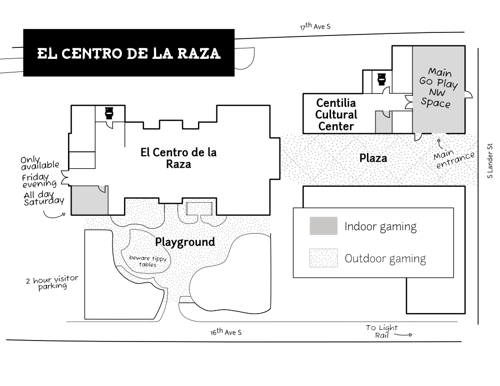 Simplified map of the Centilia Cultural Center, showing indoor and outdoor gaming spaces