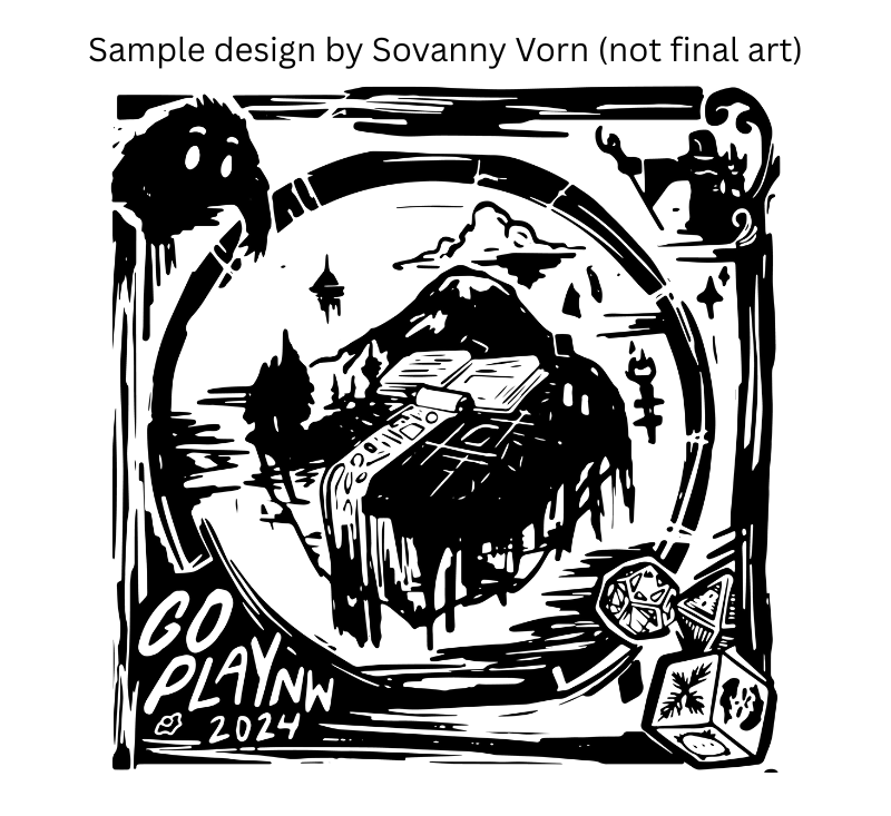 Sample design by Sovanny Vorn (not final art). The sample art is of an island floating in the sky with a giant book and scroll on it. A decorative border features the mascot Go, a wizard figure, fanciful dice, and the words 'Go Play NW 2024.'