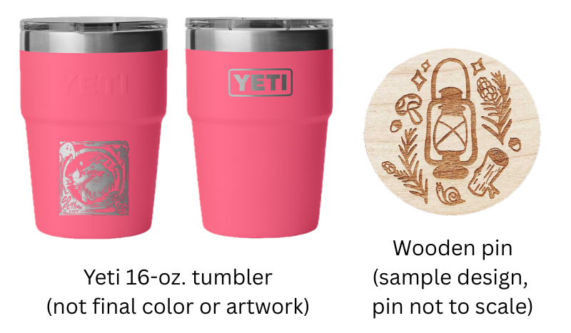 Sample images of Yeti 16-oz tumbler and wooden pin with sample art.